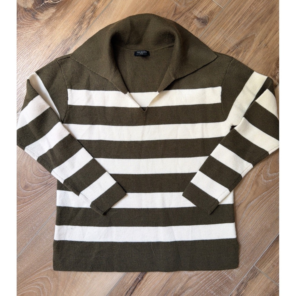 Talbots Striped Sweater Womens SP Petite Knit Pullover Olive Green Wool V-Neck
